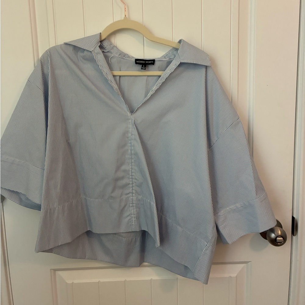 Collared striped white and blue top